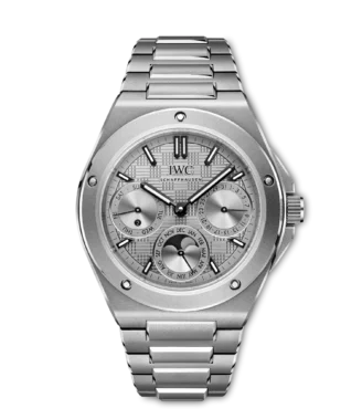 שעון IWC Ingenieur מטיטניום עם לוח אפור במרקם Grid, לוח שנה נצחי וצמיד טיטניום