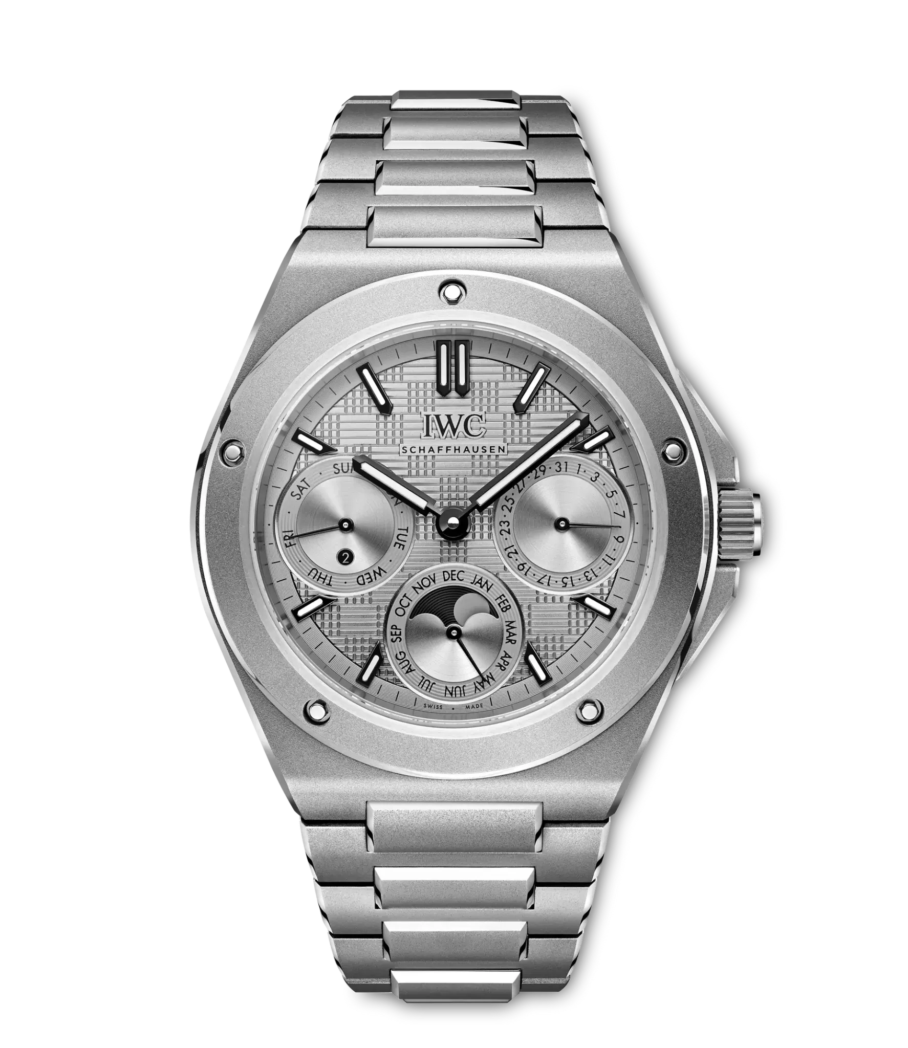 שעון IWC Ingenieur מטיטניום עם לוח אפור במרקם Grid, לוח שנה נצחי וצמיד טיטניום
