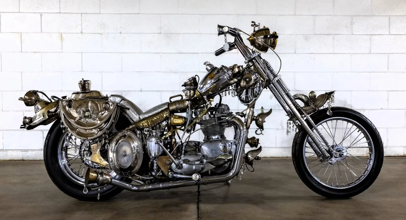 אופנוע Triumph Tea Time בעיצוב קאסטום עם כלי כסף וקומקומי תה